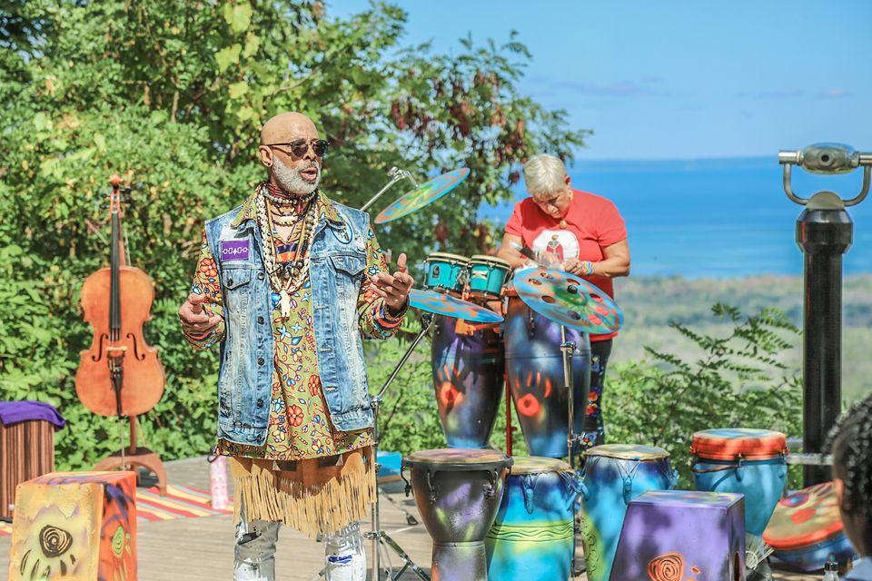 Bamalamb gives his opening statement before starting up an interactive drum circle along the Blue Mountain Resort Trails for Guitar Trail. 